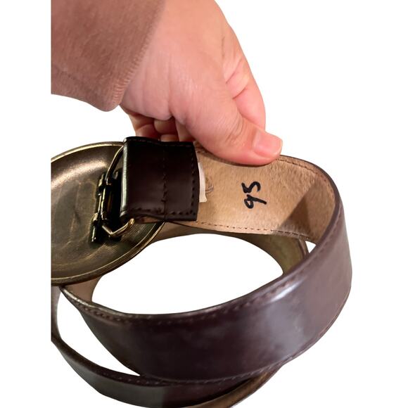 Vintage Y2K Brown Leather Belt Boho Oval Natural Stone Bronze Buckle Sz M - Picture 7 of 7